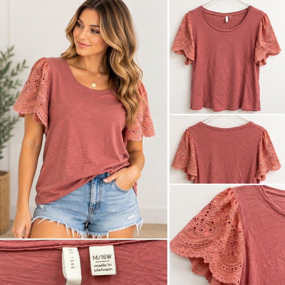 Est 1946 Womens Plus 14/16W Eyelet Lace Flutter Sleeve Slub Knit Top Dusty Rose